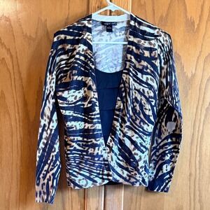 August Silk Cardigan Set Women M Brown Animal Print Excellent Ruffle Layered
